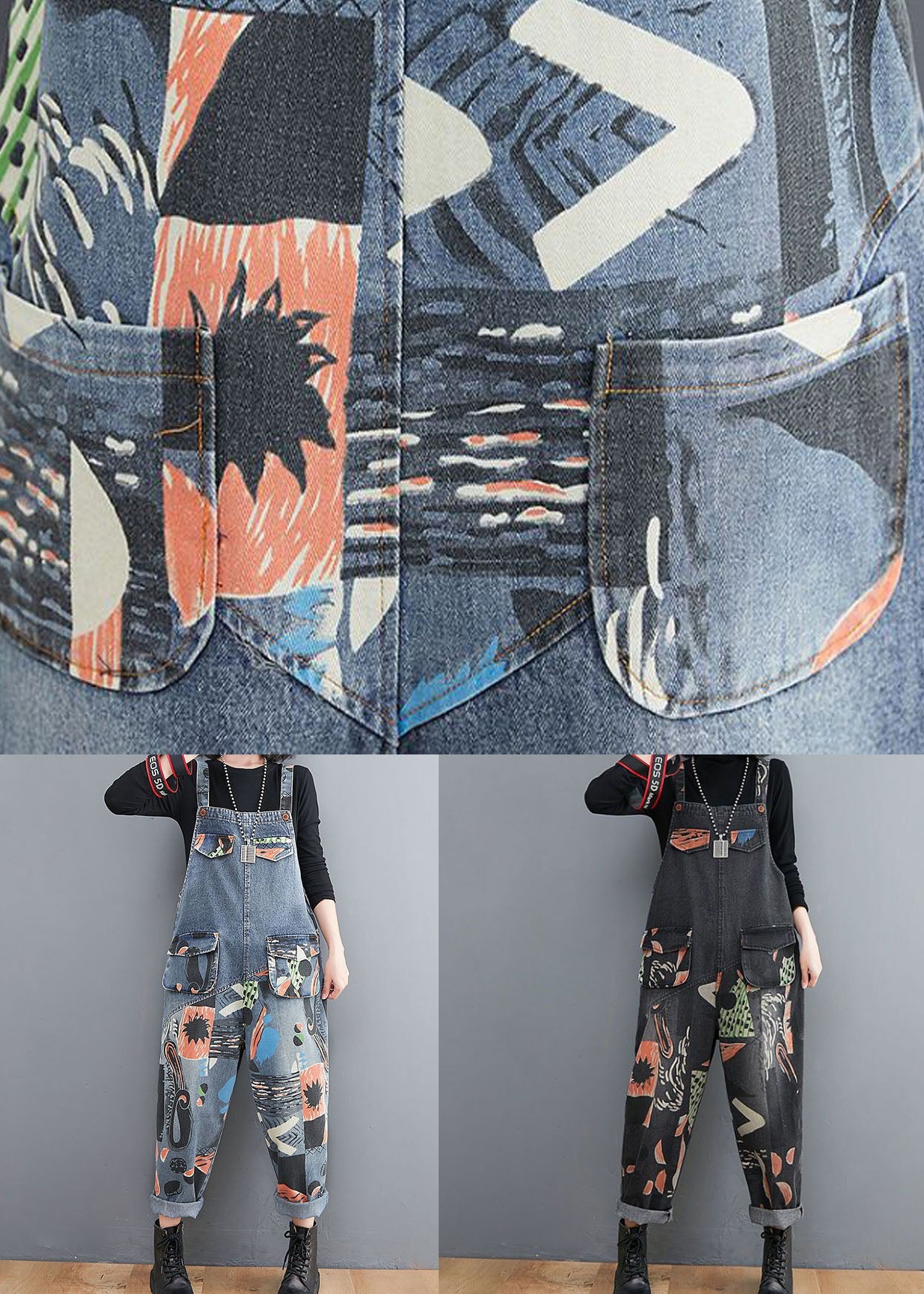 Black Print Patchwork Denim Jumpsuits Pockets Spring