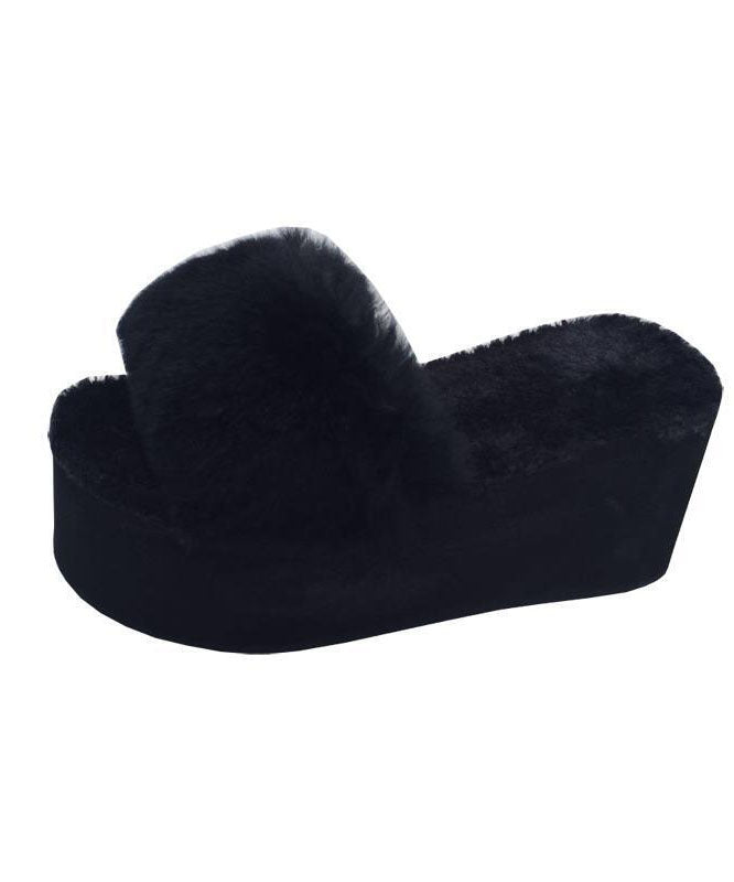 Black Rabbit Hair Slide Sandals Wedge Flip Flops