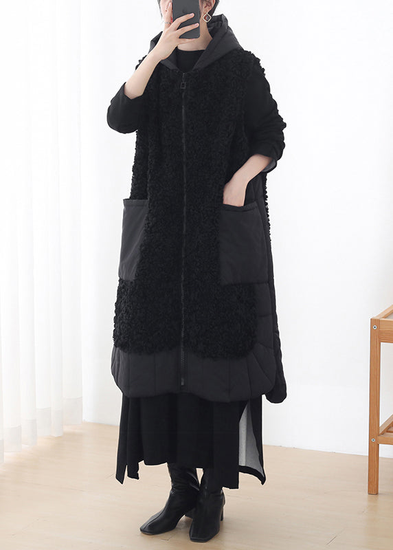 Black Side Open Woolen Cotton Hooded Waistcoat Sleeveless