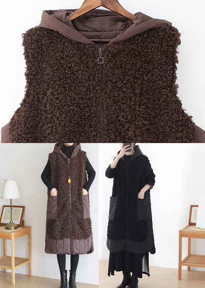 Black Side Open Woolen Cotton Hooded Waistcoat Sleeveless