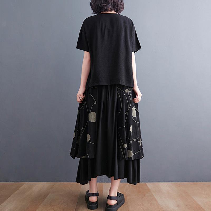 Black Print Short Sleeve Round Neck T-shirt Elastic Waist Skirt Suit Summer