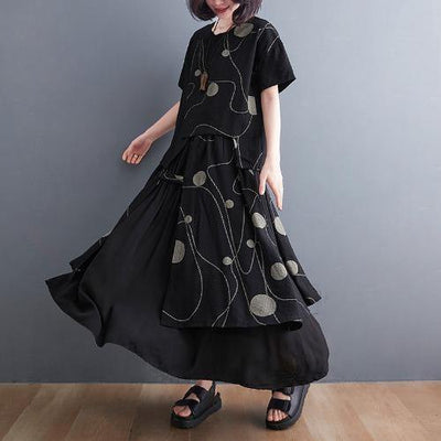 Black Print Short Sleeve Round Neck T-shirt Elastic Waist Skirt Suit Summer