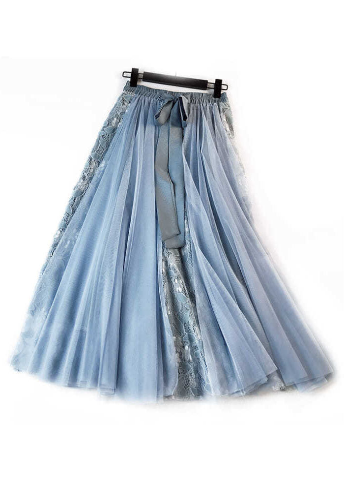 Blue Bow Patchwork Tulle Skirt Wrinkled Elastic Waist Spring