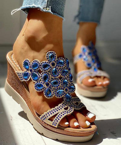 Blue Gemstone High Wedge Heels Faux Leather 2022 Peep Toe Slide Sandals