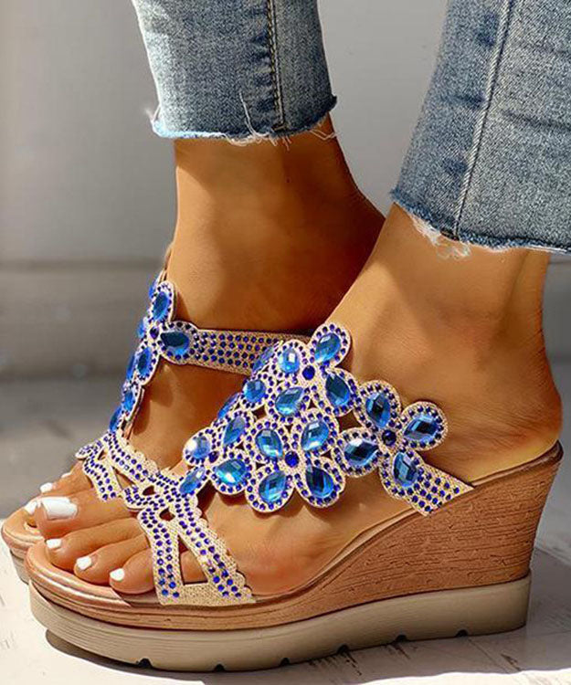 Blue Gemstone High Wedge Heels Faux Leather 2022 Peep Toe Slide Sandals