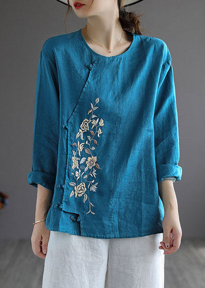 Blue Loose Linen Shirt Tops Embroideried Long Sleeve