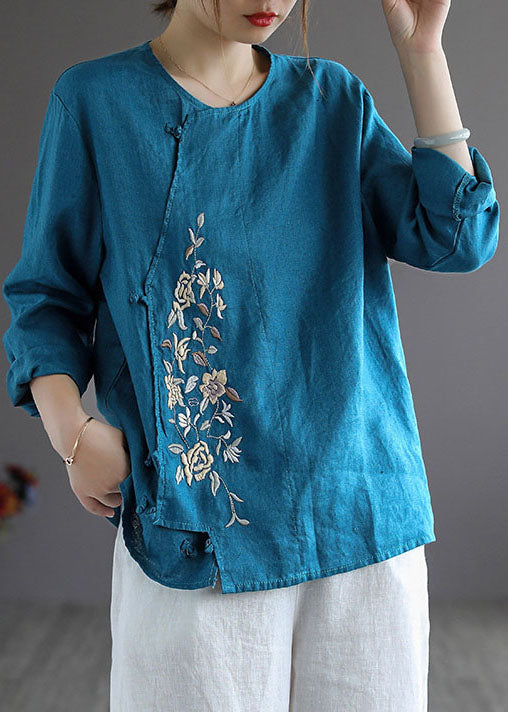 Blue Loose Linen Shirt Tops Embroideried Long Sleeve