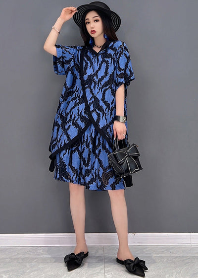 Blue Print Tops And Shorts Two Piece Suit Set Asymmetrical Side Open Summer
