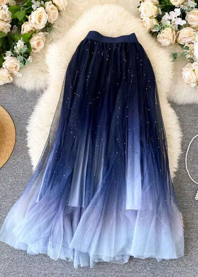 Blue Sequins Tulle Skirt Wrinkled Elastic Waist Summer