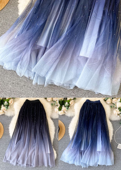Blue Sequins Tulle Skirt Wrinkled Elastic Waist Summer