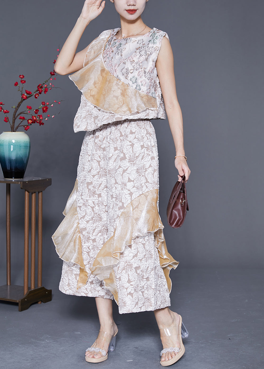 Bohemian Beige Asymmetrical Design Patchwork Silk Two Piece Suit Set Summer
