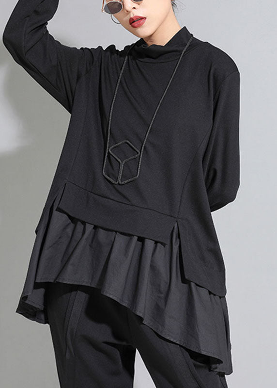 Bohemian Black Asymmetrical Patchwork Ruffles Casual Fall Top Long sleeve