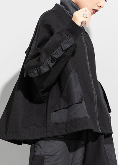 Bohemian Black O-Neck Zip Up Pockets Ruffles Patchwork Cotton Coats Long Sleeve
