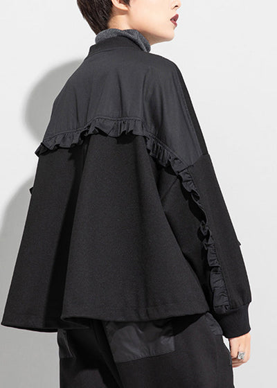 Bohemian Black O-Neck Zip Up Pockets Ruffles Patchwork Cotton Coats Long Sleeve