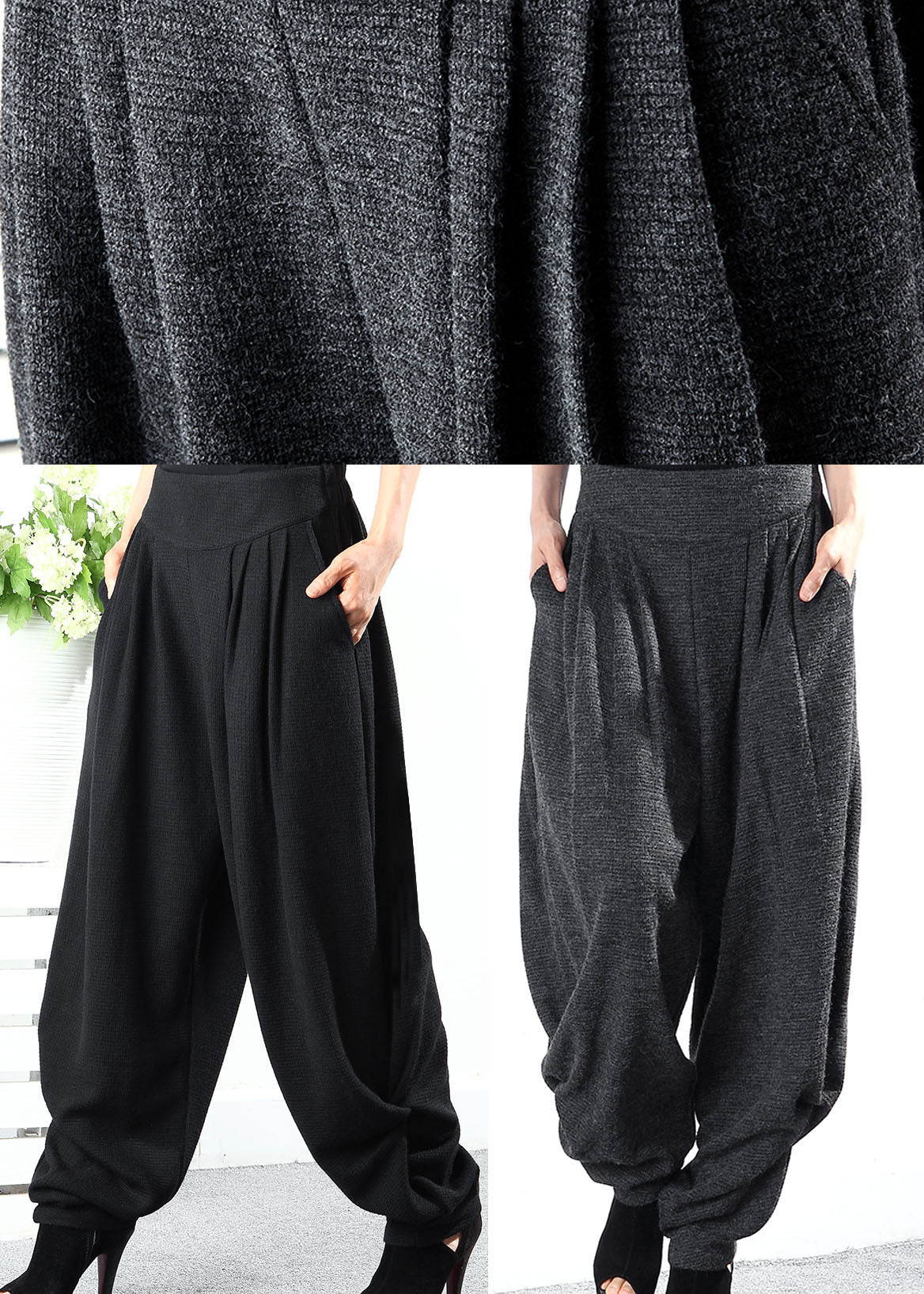 Bohemian Black wrinkled Pockets Knit Pants Winter
