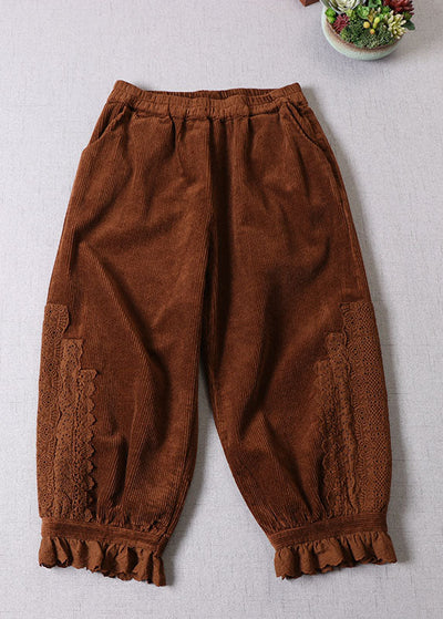 Bohemian Chocolate Lace Patchwork Pockets Corduroy Pants Winter