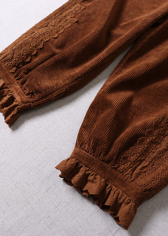Bohemian Chocolate Lace Patchwork Pockets Corduroy Pants Winter