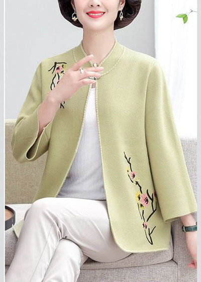 Bohemian Light Green Stand Collar Embroideried Woolen Loose Cardigan Fall