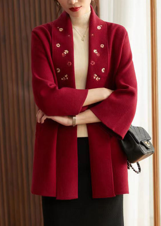 Bohemian Red Embroideried Pockets Patchwork Knit Cardigans Fall