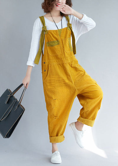 Bohemian Yellow pockets Corduroy ripped Jumpsuits Spring