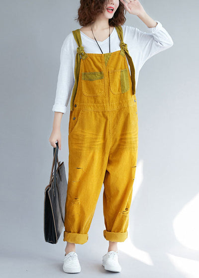 Bohemian Yellow pockets Corduroy ripped Jumpsuits Spring