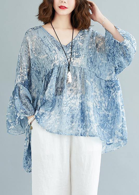 Bohemian v neck blended summerclothes For Women Outfits blue prints tops