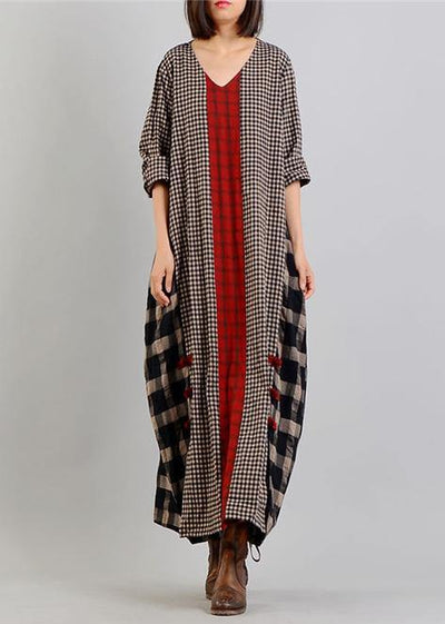Bohemian v neck patchwork cotton linen spring quilting clothes Tunic Tops plaid Dresses