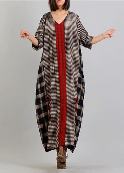 Bohemian v neck patchwork cotton linen spring quilting clothes Tunic Tops plaid Dresses