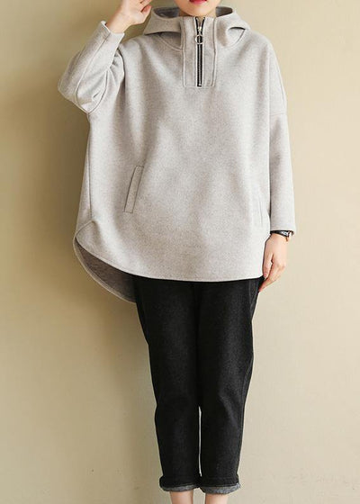 Bohemian zippered cotton hooded crane tops Fabrics gray Sweatshirt
