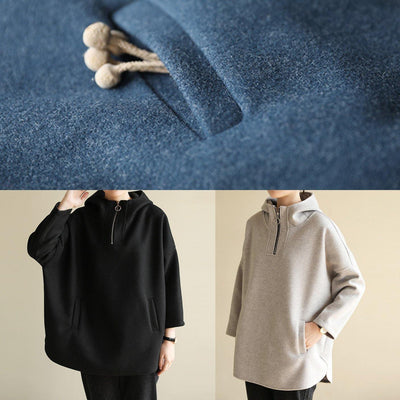 Bohemian zippered cotton hooded crane tops Fabrics gray Sweatshirt