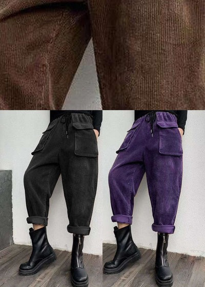 Boho Black Cinched Pockets Corduroy Pants Winter