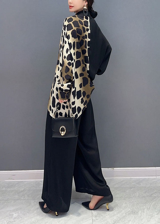 Boho Black Leopard Asymmetrical Patchwork Chiffon Two Piece Suit Set Summer