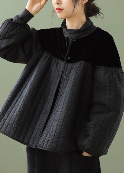 Boho Black O-Neck Button Patchwork Winter Jackets Long sleeve