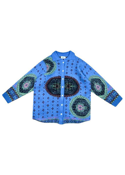 Boho Blue Cute retro Button Print Fall Knit Sweater Coat