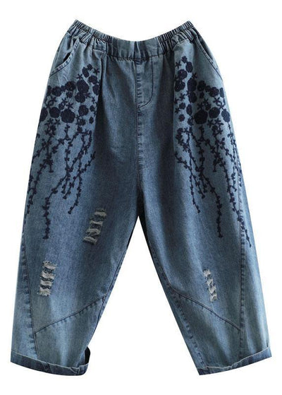 Boho Blue Embroideried Summer Denim Pants