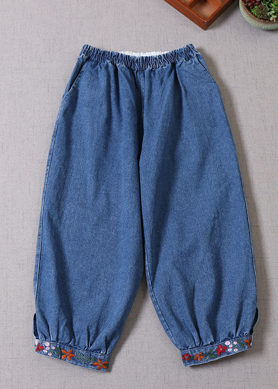 Boho Blue Embroideried denim Pants Spring