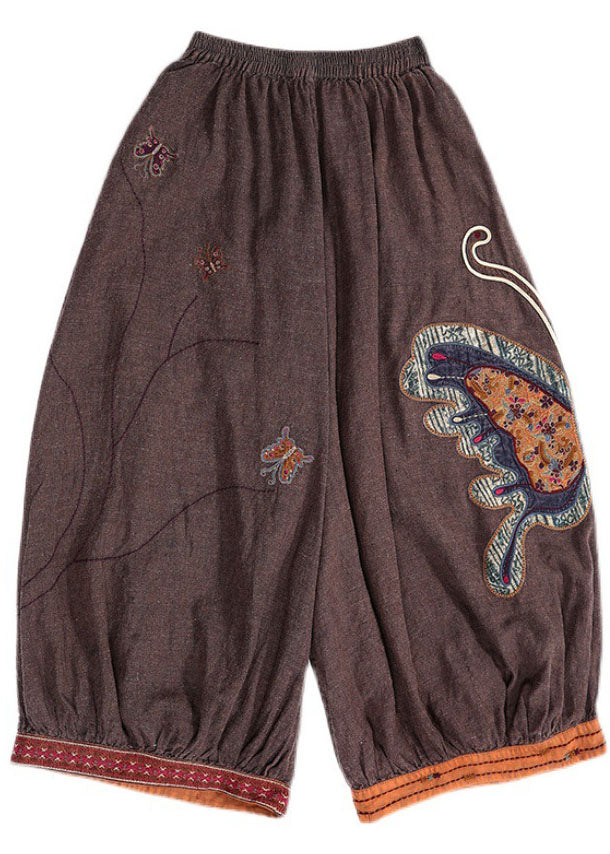Boho Purple retro Embroideried Oriental lantern Casual Fall Pants Trousers