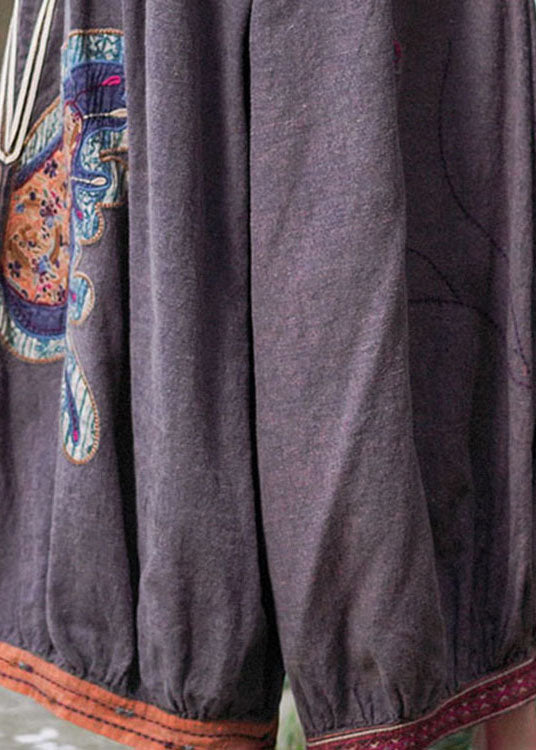 Boho Purple retro Embroideried Oriental lantern Casual Fall Pants Trousers