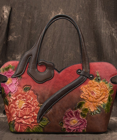 Boho Red Chrysanthemum Jacquard Patchwork Calf Leather Tote Handbag