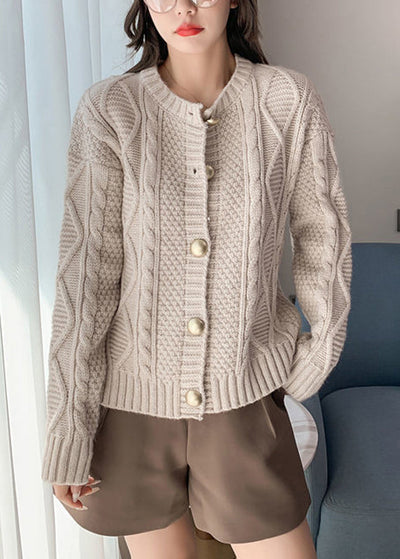 Boutique Beige O-Neck Button Cable Knit Cardigan Fall