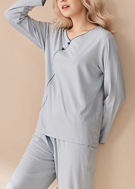 Boutique Blue V Neck Patchwork Button Pajamas Two Pieces Set Long Sleeve