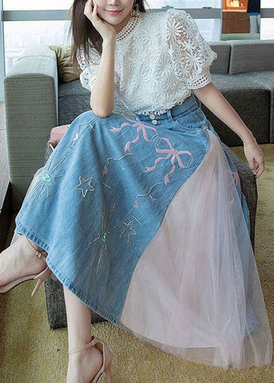 Boutique Blue Wrinkled Tulle Patchwork Embroideried Denim Skirts Summer