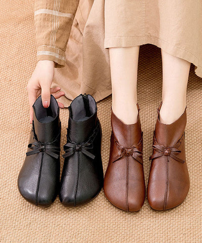 Boutique Bow Cowhide Leather Boots Warm Fleece Ankle Boots