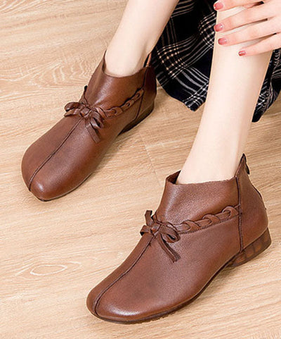 Boutique Bow Cowhide Leather Boots Warm Fleece Ankle Boots