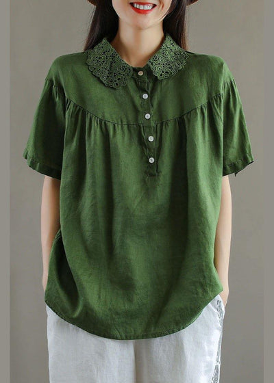 Boutique Green Peter Pan Collar Button Linen Summer Shirt Tops