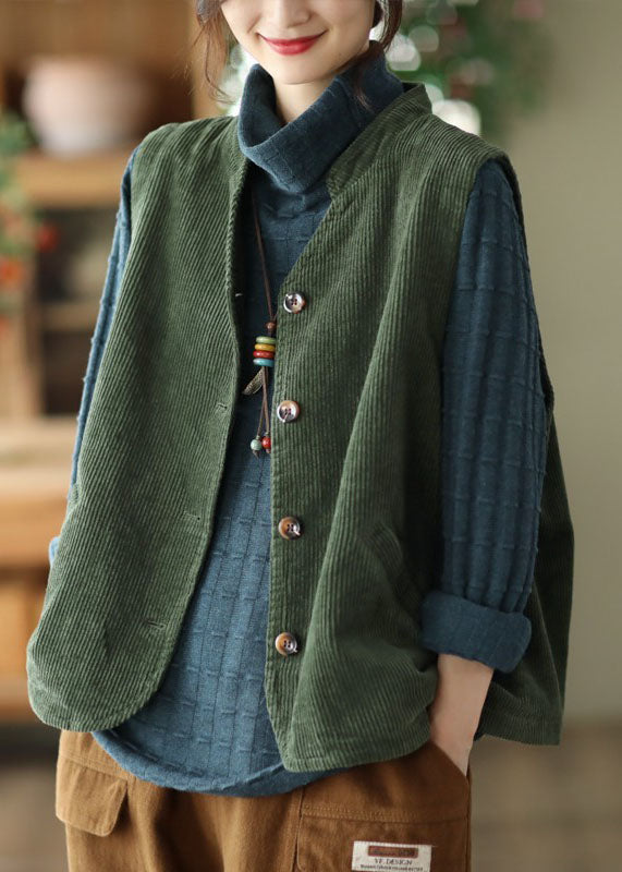 Boutique Green Stand Collar Solid Corduroy Vest Tops Fall