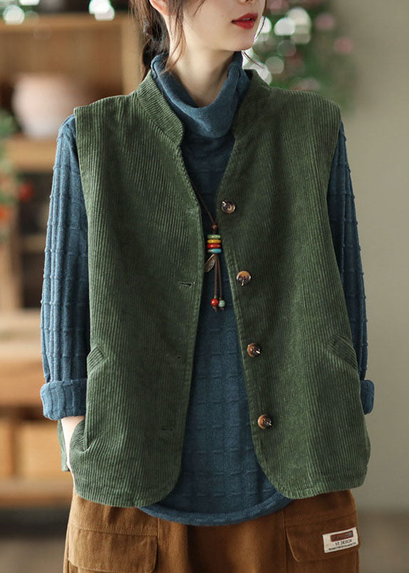 Boutique Green Stand Collar Solid Corduroy Vest Tops Fall