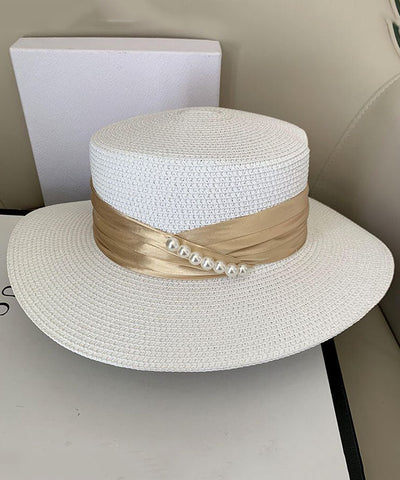 Boutique Khaki Pearl Straw Woven Beach Floppy Sun Hat