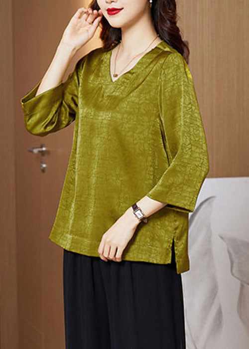 Boutique Light Green V Neck Wrinkled Solid Color Side Open Silk Shirt Top Bracelet Sleeve