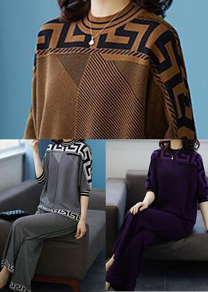 Boutique Purple O-Neck Print Draping Silk Sweatshirt Two Piece Suit Set Fall